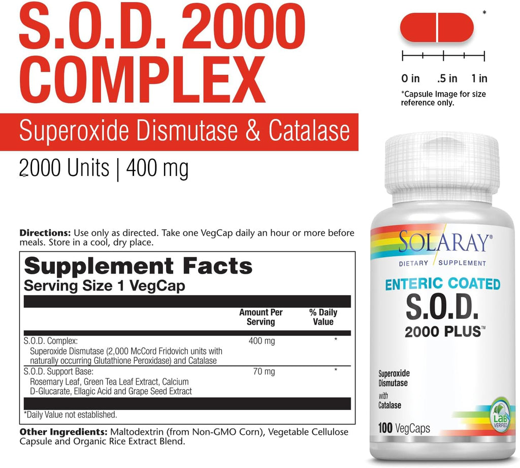SOLARAY S.O.D. 2000 Plus - Suplemento antioxidante con SOD, catalasa y extractos herbales, 100 cápsulas