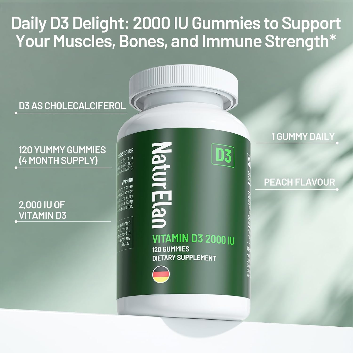 Gominolas de Vitamina D3 NaturElan - 2000 IU, 120 Gominolas, Sin Azúcar, Vegano
