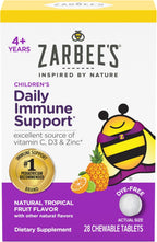 Zarbee's Kids Immune Support – Vitaminas C, D y Zinc para niños, sabor tropical, 28 comprimidos masticables