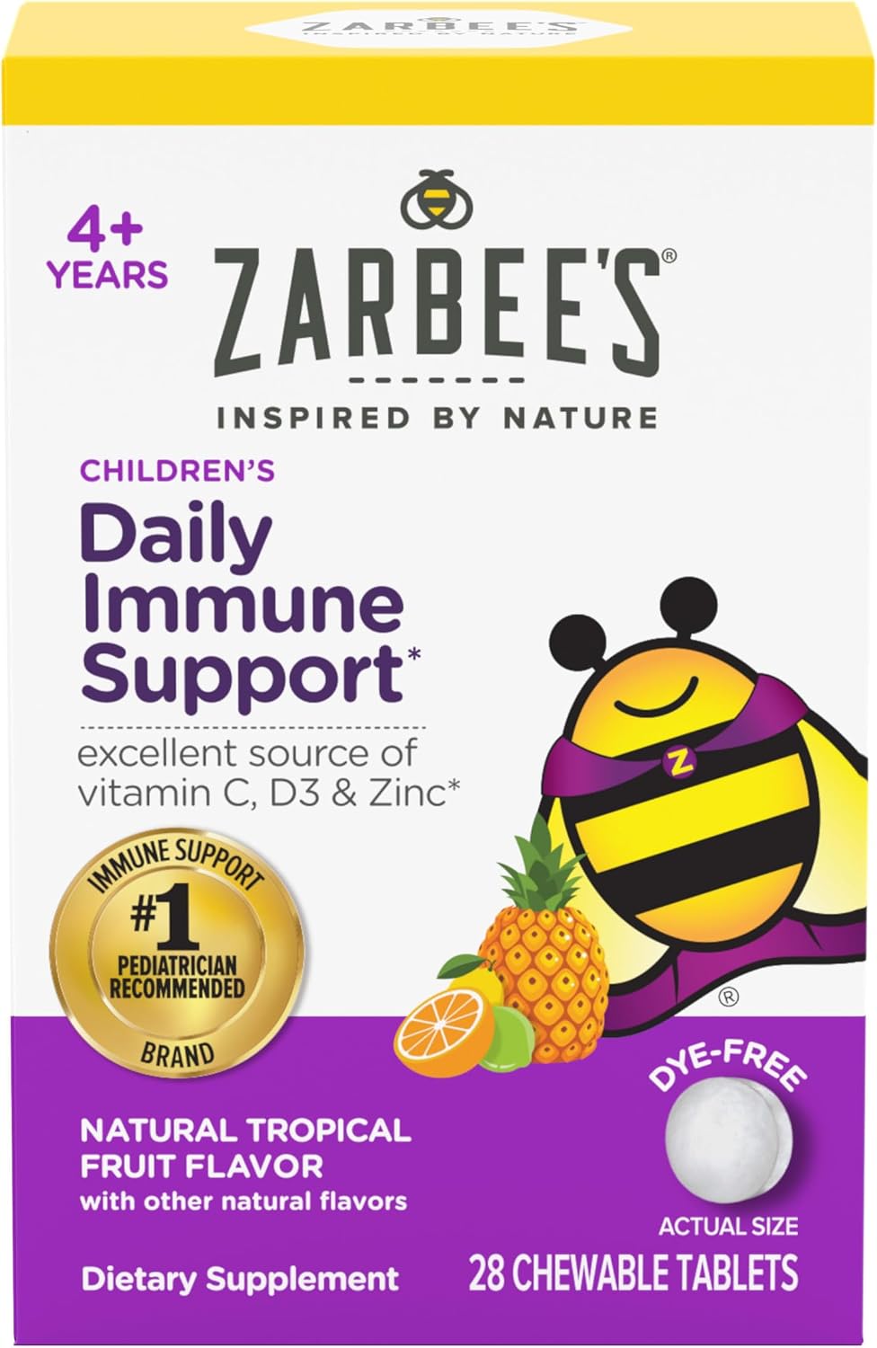 Zarbee's Kids Immune Support – Vitaminas C, D y Zinc para niños, sabor tropical, 28 comprimidos masticables