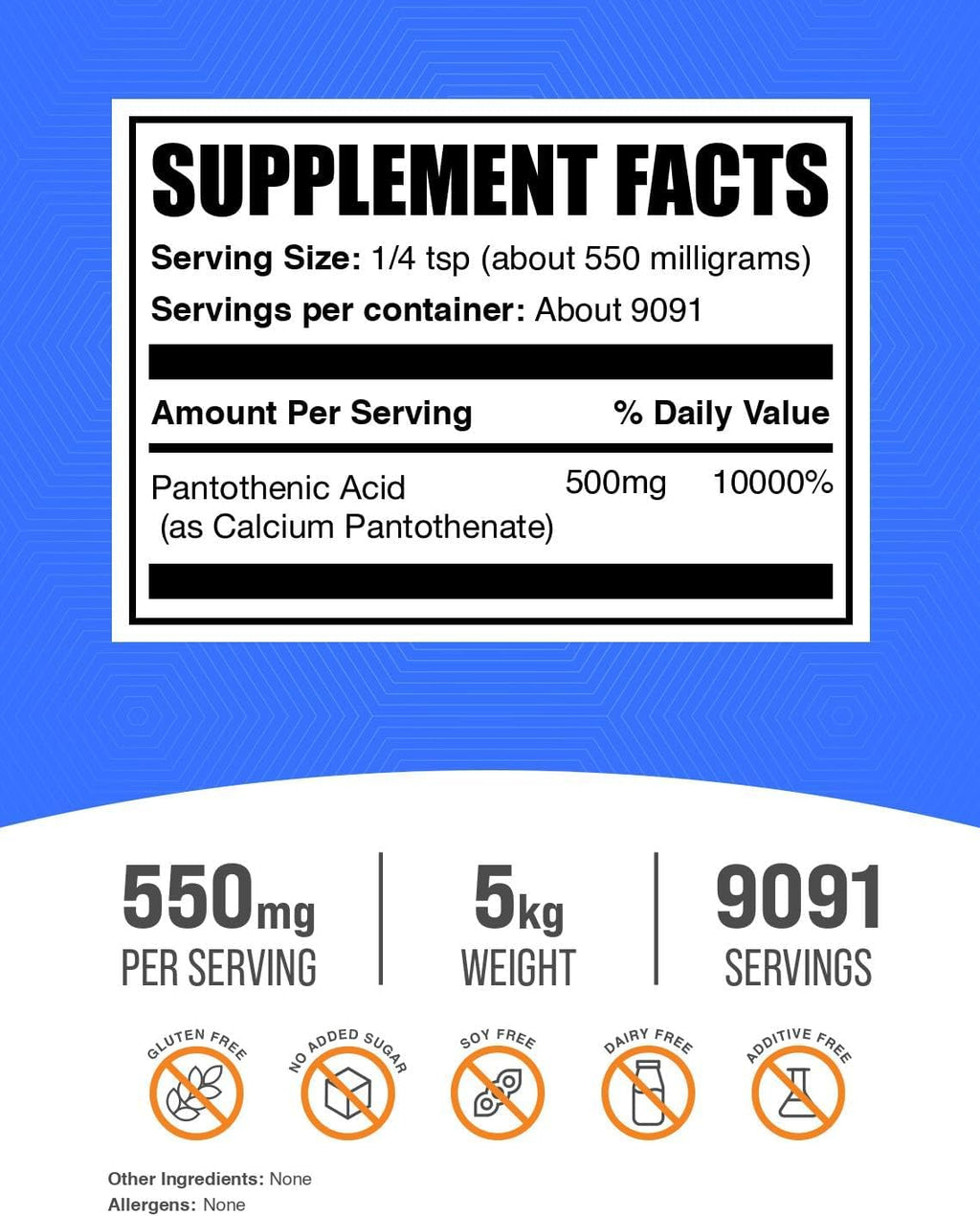 Vitamina B5 en Polvo - Ácido Pantoténico (Pantotenato de Calcio) - 500 mg por Ración - 5 kg