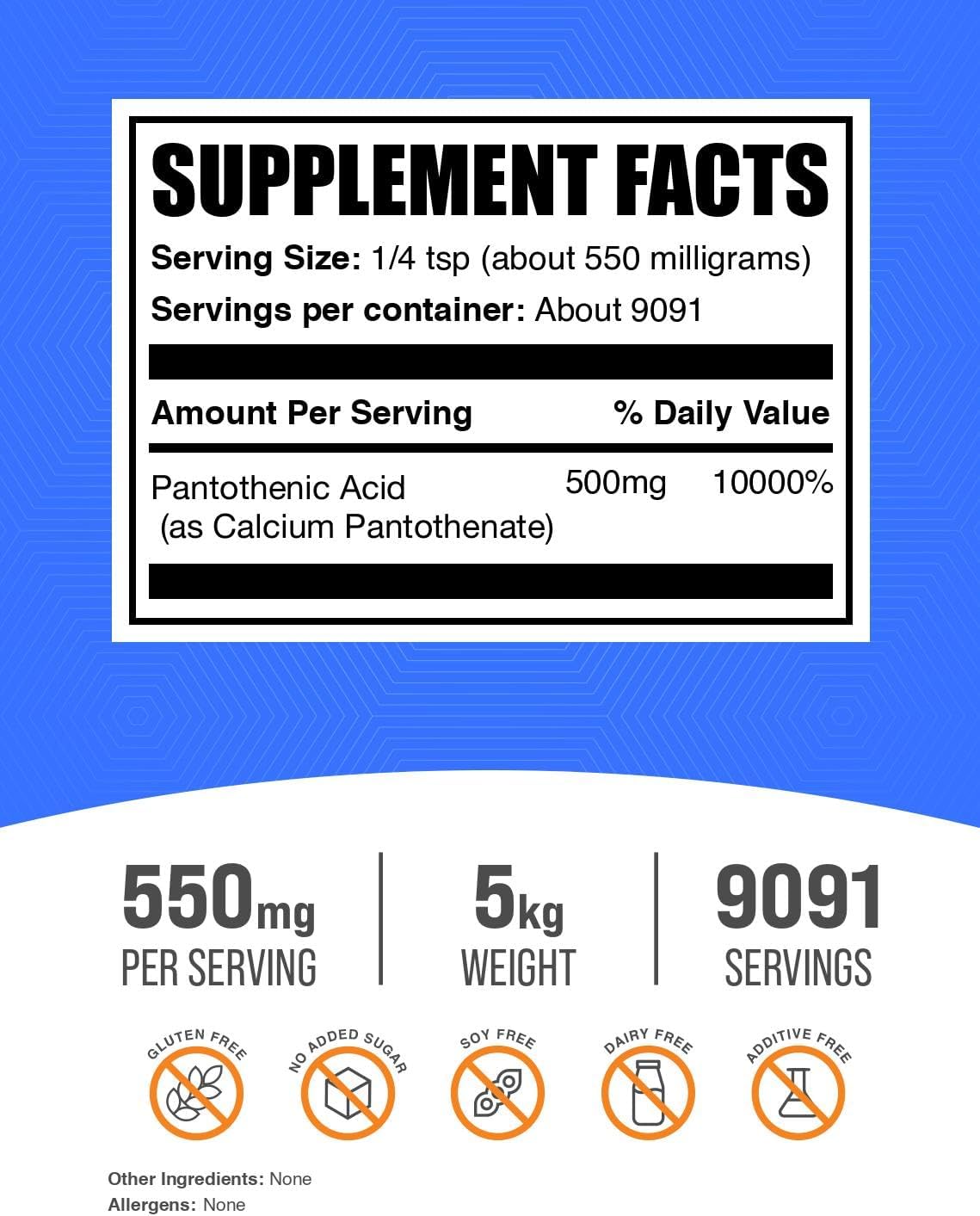 Vitamina B5 en Polvo - Ácido Pantoténico (Pantotenato de Calcio) - 500 mg por Ración - 5 kg
