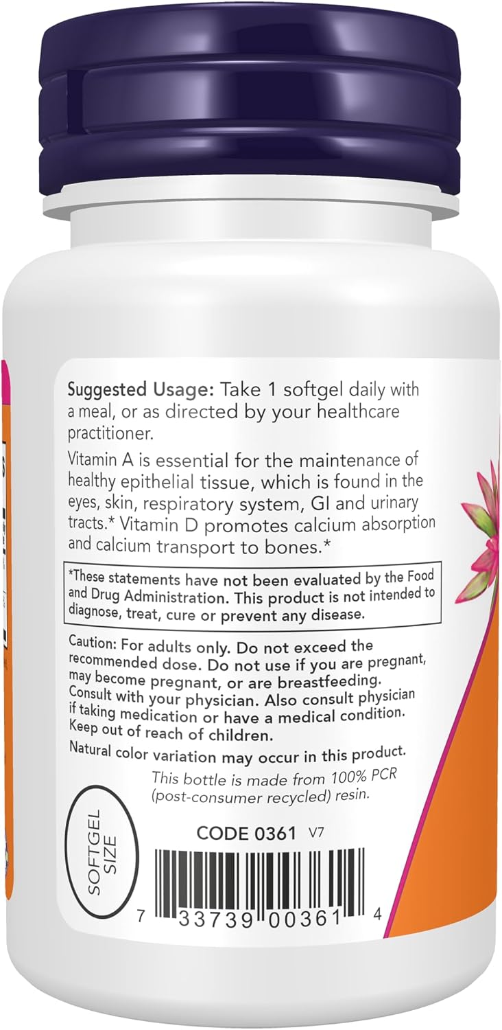 NOW Foods Vitamin A & D3 25,000/1,000 IU, 100 Softgels