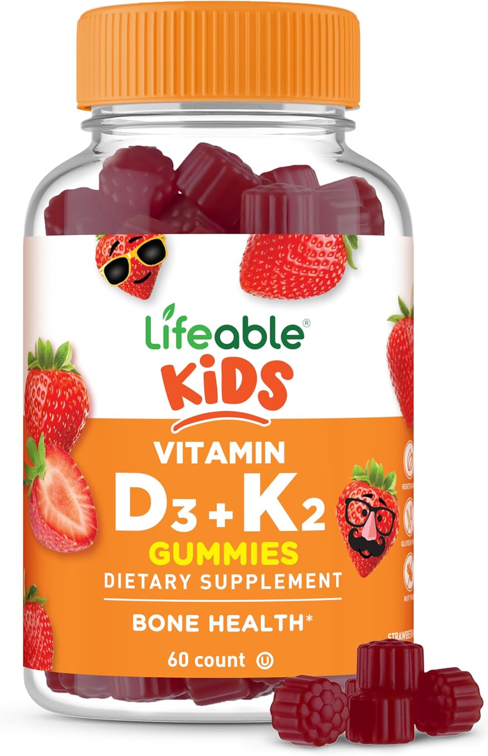 Lifeable Kids Vitamin D3 K2 Gummies - 500 UI D3 + 100 mcg K2 - 60 Gominolas