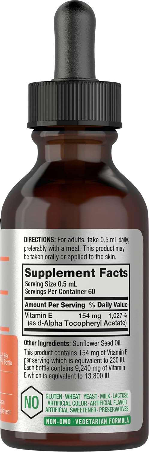 Horbäach Aceite de Vitamina E, 13,800 UI, 28 ml (1 oz) - Suplemento Líquido Natural, Vegetariano, Sin OGM y Sin Gluten