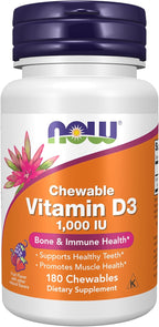 NOW Foods Vitamina D3 1.000 UI Comprimidos Masticables Sabor Natural Fruta 180 uds