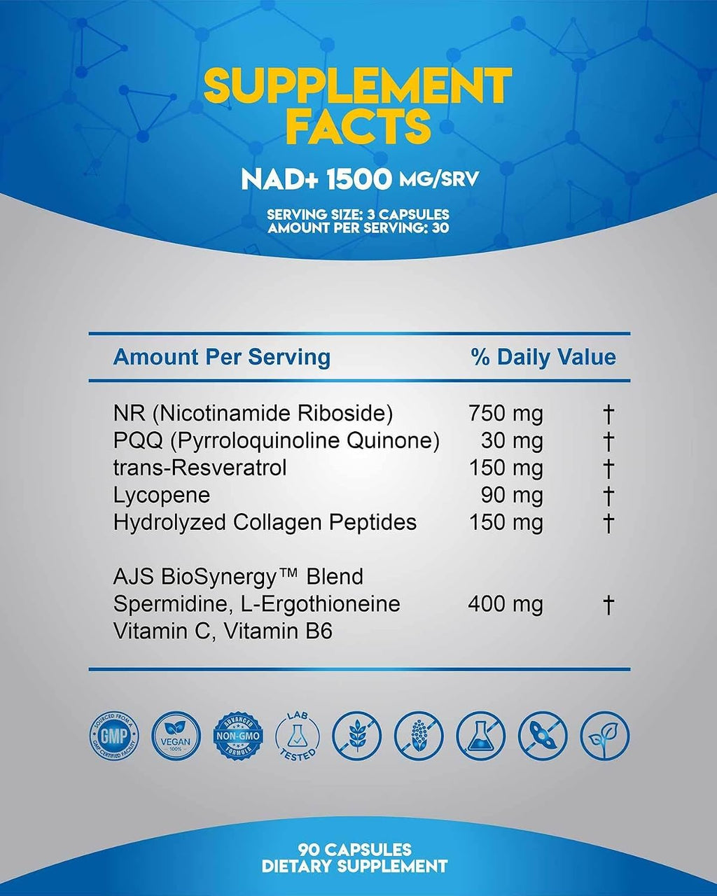 AJS NAD+ Cellular Energy – Suplemento NR con PQQ, Resveratrol, Licopeno y Colágeno – 90 Cápsulas