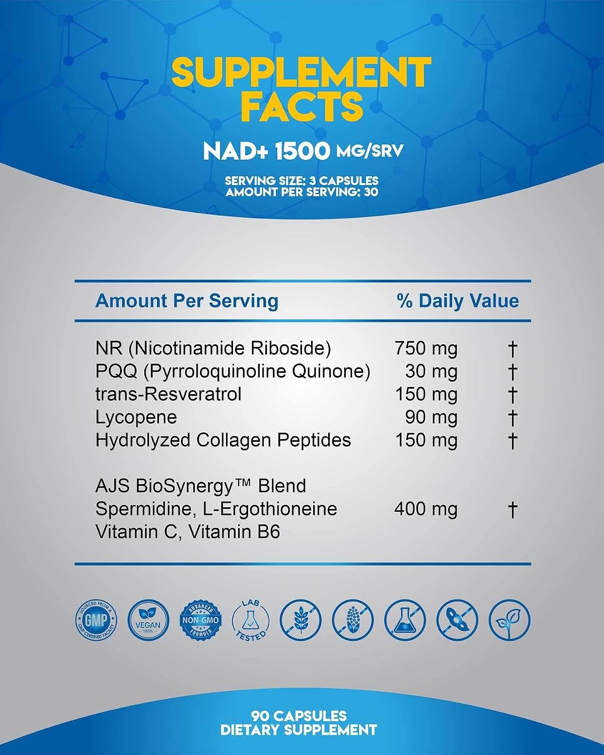 AJS NAD+ Cellular Energy – Suplemento NR con PQQ, Resveratrol, Licopeno y Colágeno – 90 Cápsulas