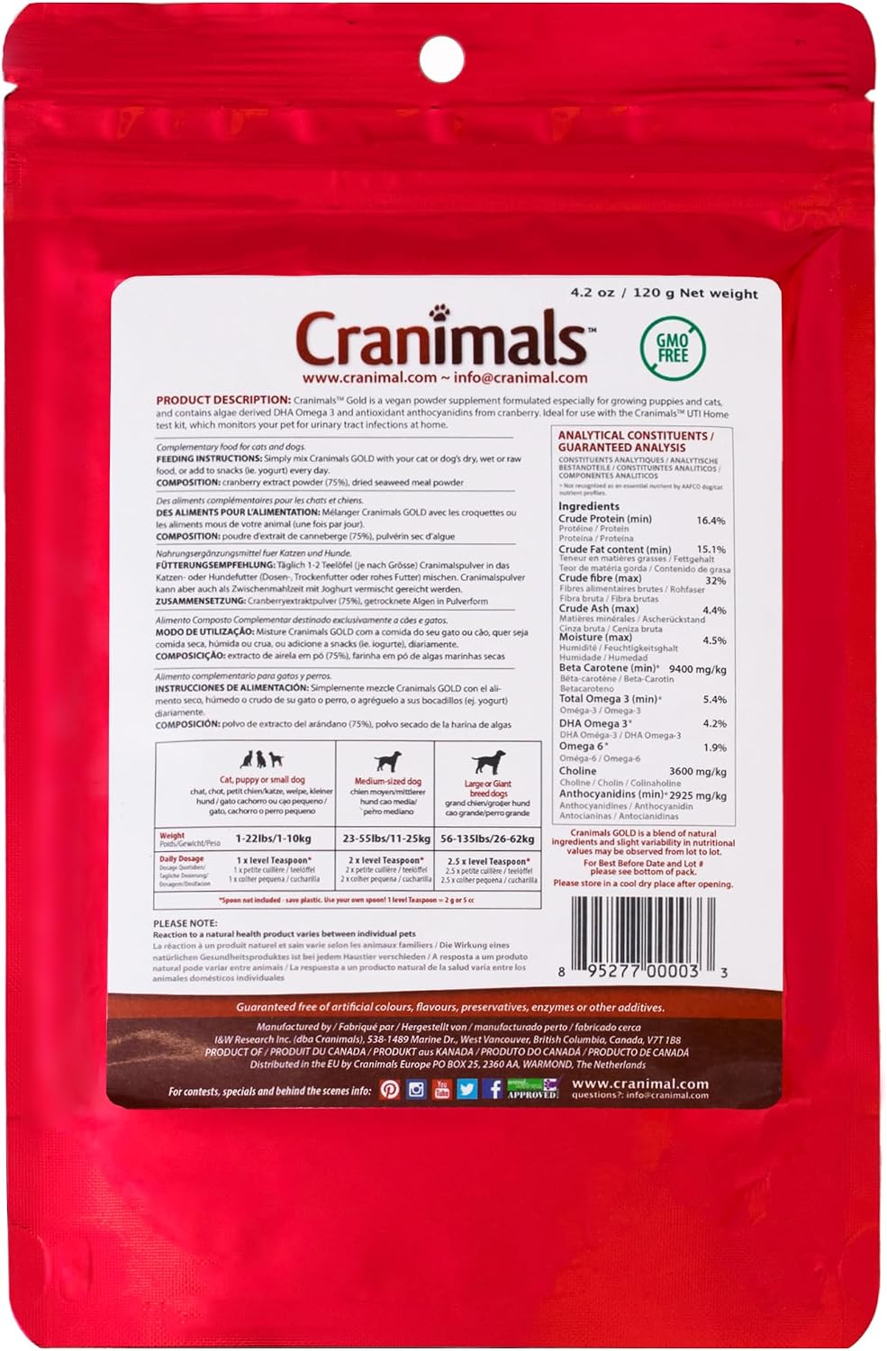 Gold Cranberry Powder for Cats - Vegan DHA Omega 3, Apoyo a la Salud Urinaria - Dos Ingredientes Puros, Sin Aditivos - 4.2 Oz (119 g)