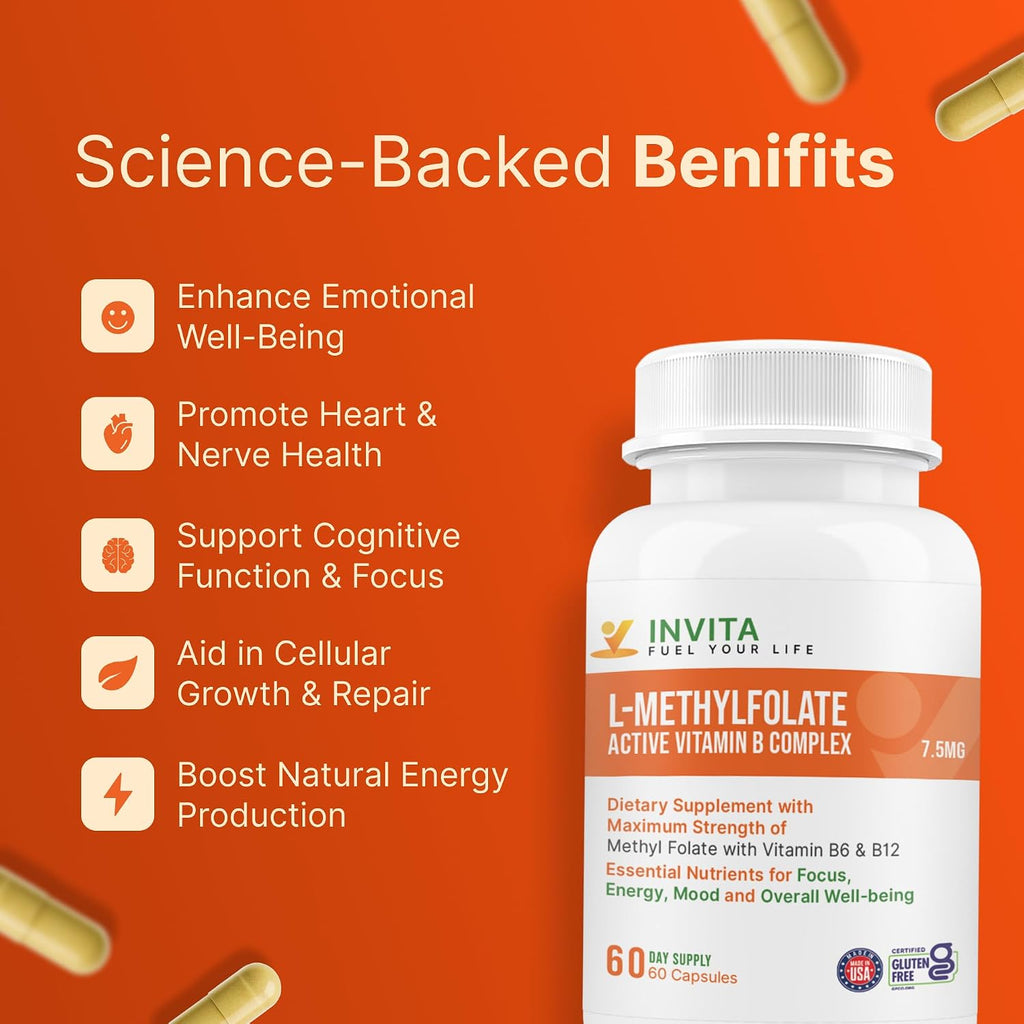 INVITA, L-Metilfolato 7.5 mg + Complejo B Activo – 60 Cápsulas – Suplemento 5-MTHF con Vitamina B6 y B12 Metilcobalamina – No-GMO, Sin Gluten, 2 Meses