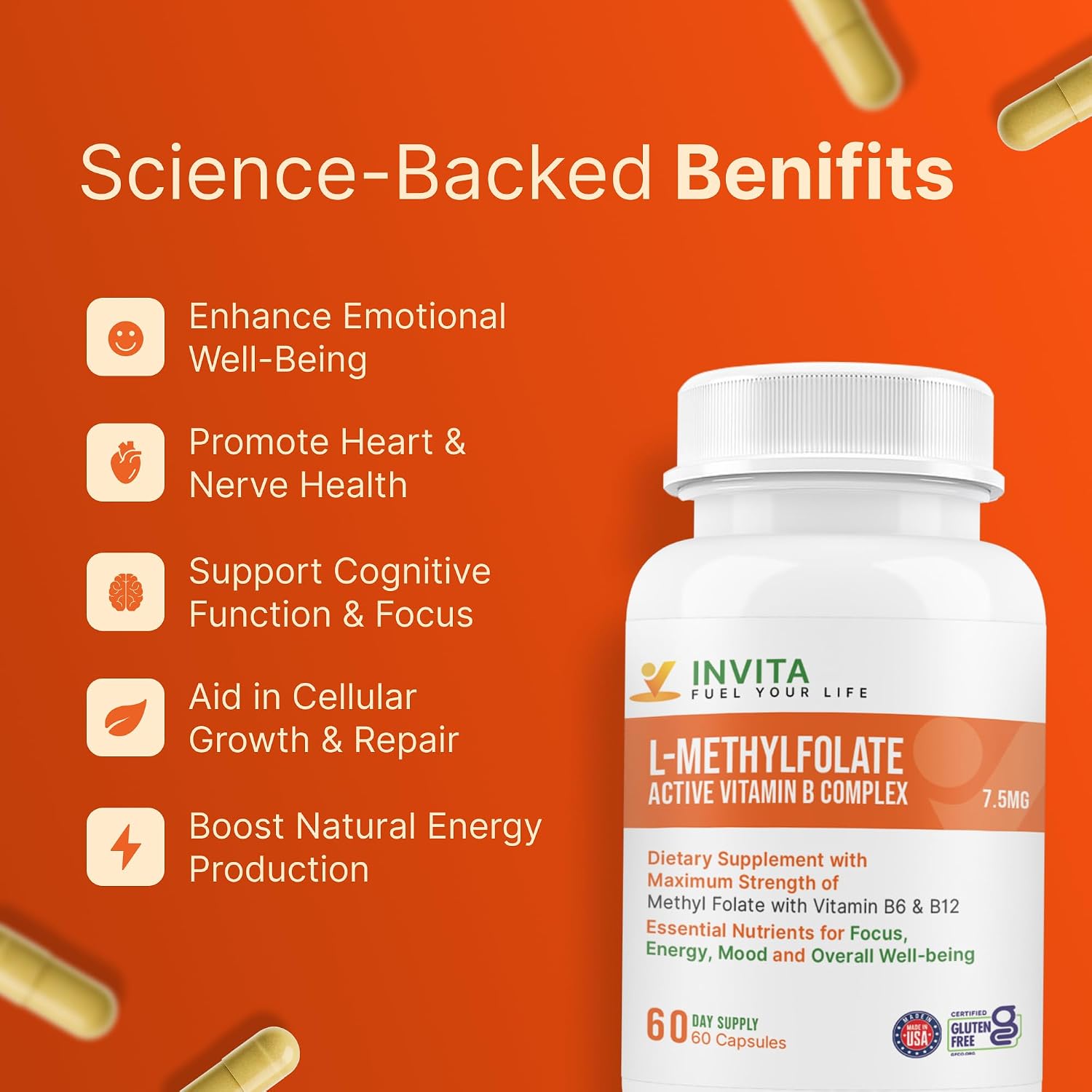 INVITA, L-Metilfolato 7.5 mg + Complejo B Activo – 60 Cápsulas – Suplemento 5-MTHF con Vitamina B6 y B12 Metilcobalamina – No-GMO, Sin Gluten, 2 Meses