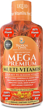 Mega Premium Liquid Multivitamin - 110 Ingredientes, Vitamina C, D3, Zinc, Sabor Naranja, 32 Servicios
