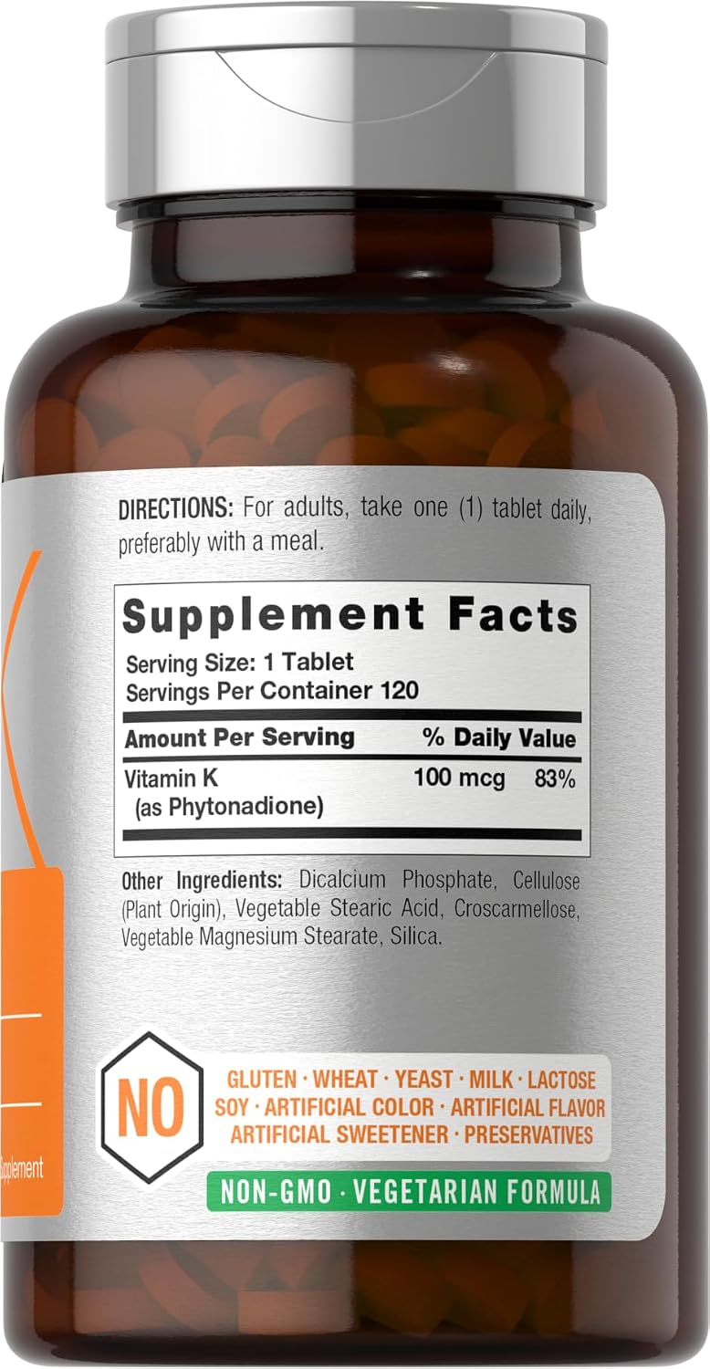 Horbäach Vitamina K Suplemento | 100mcg | 120 Comprimidos | Vegetariano, Sin Gluten y No GMO