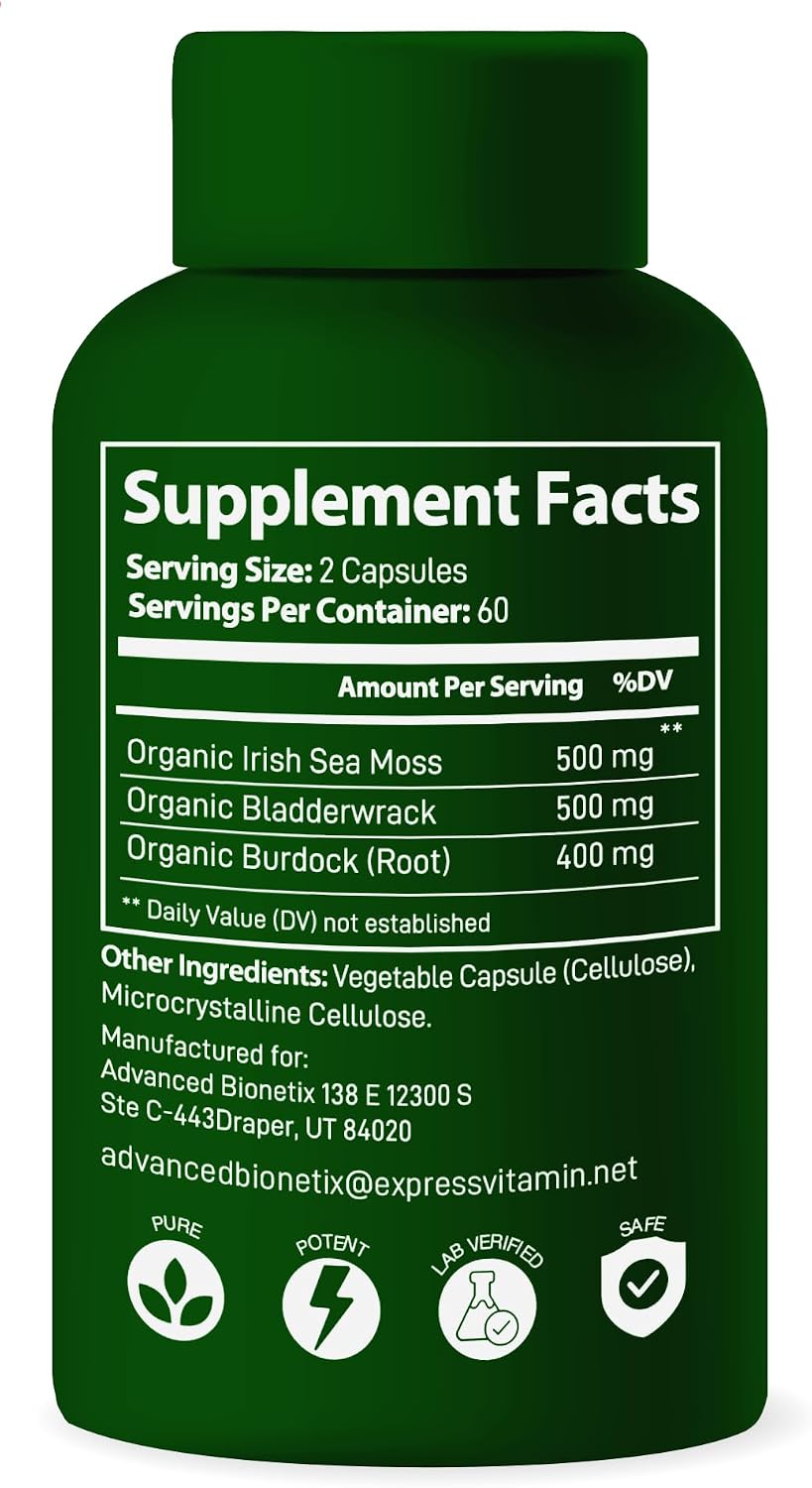Advanced Bionetix Cápsulas de Musgo Marino Orgánico Irish Sea Moss con Bladderwrack y Bardana (120 Cápsulas)