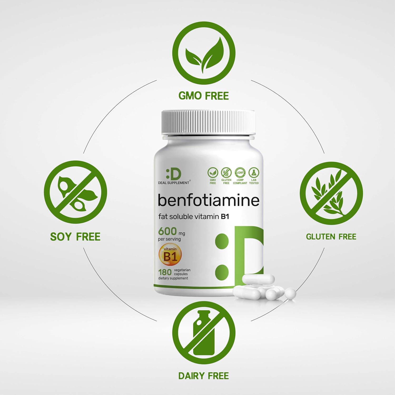 Benfotiamina 600mg por Dosis, 180 Cápsulas Vegetales – Vitamina B1 Liposoluble – Vegano, Sin Gluten, No GMO