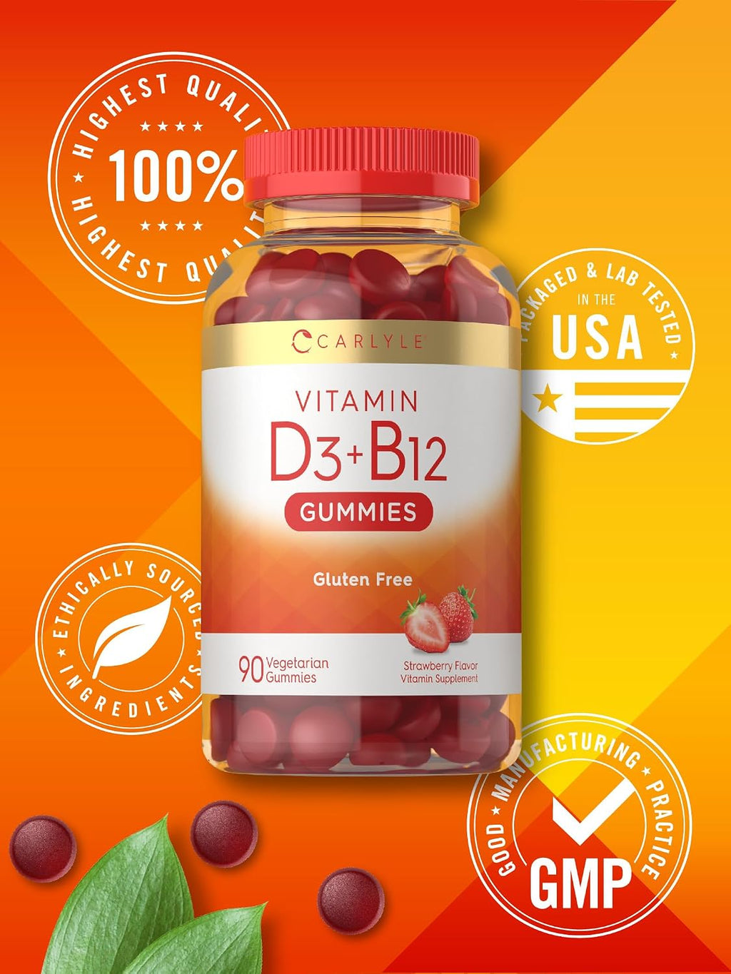 Carlyle Vitamina D3 + B12 Complex Gominolas | 90 uds | Vegetariano, No GMO, Sin Gluten | Sabor Fresa