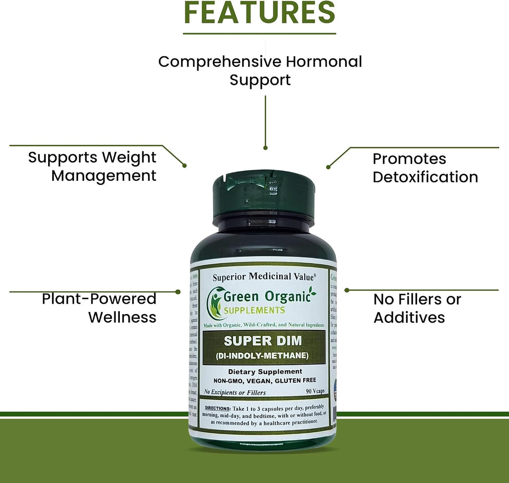 Green Organic Supplements DIM, Diindolilmetano, I-3-C, Indol-3-Carbinol, Brócoli, 90 VCaps, Alta Absorción, No-GMO, Sin Gluten (Pack de 3)