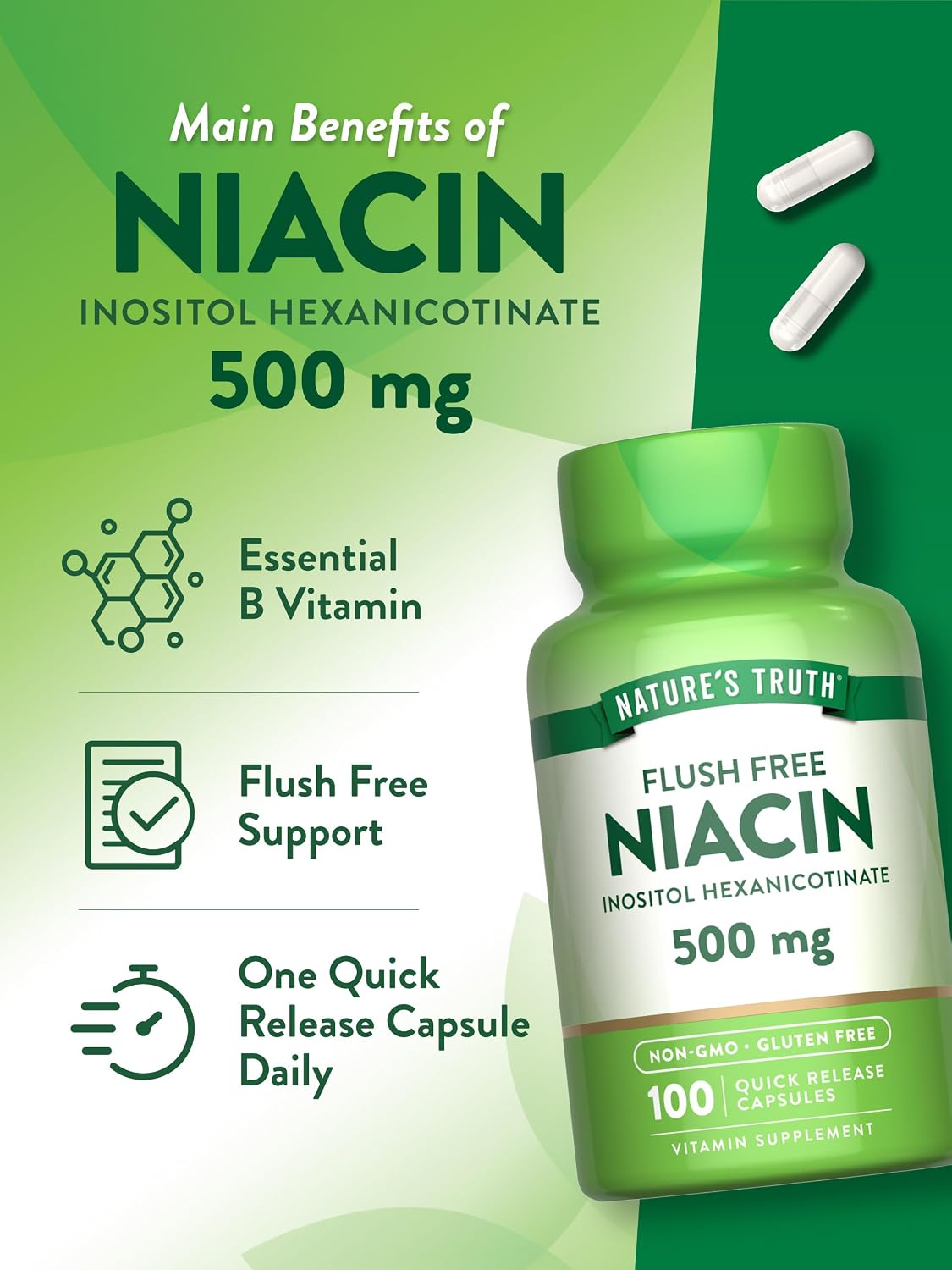 Nature's Truth Niacina Sin Enrojecimiento, 500 mg, 100 Cápsulas