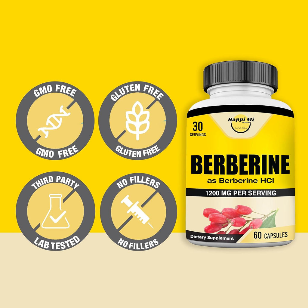 Happi Mi Nutrition Berberina 1200 mg por dosis como Berberine HCL, 60 Cápsulas Vegetales