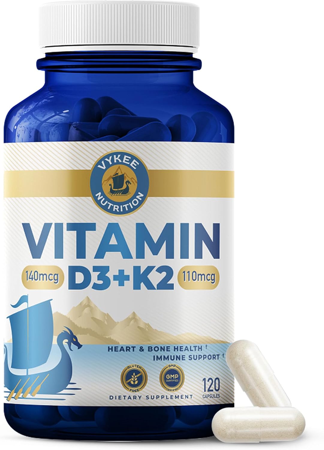 Complejo de Vitamina D3 y K2 de Vykee Nutrition - Alta Potencia: 140 mcg de D3 y 110 mcg de K2 (MK-7) - Suplemento Vegano para el Apoyo Óseo y Cardíaco, Sin OGM, Sin Gluten - 120 Cápsulas
