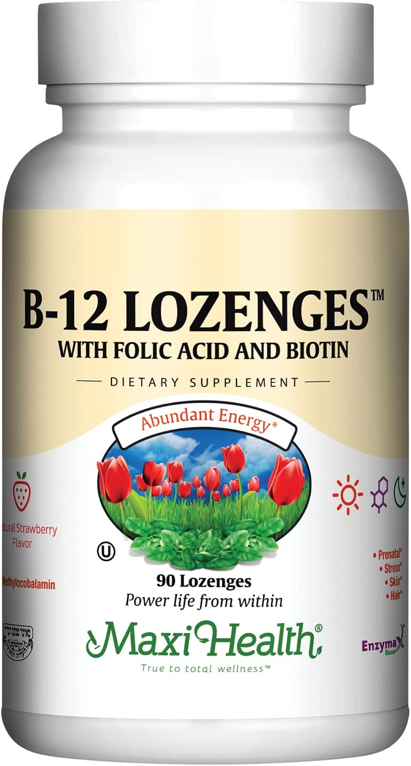 Vitamin B12 Lozenges with Folic Acid and Biotin - 800 mcg Sublingual B12 Lozenges Sabor Fresa - 90 Comprimidos