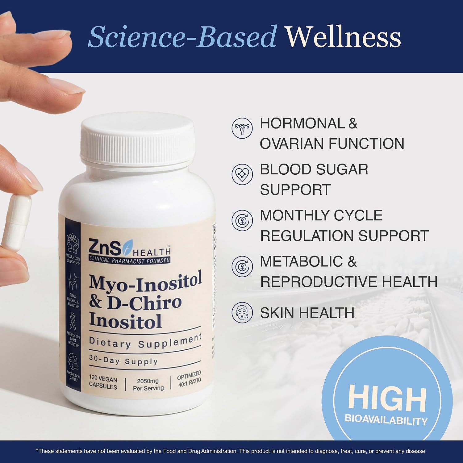 ZnS Myo-Inositol y D-Chiro Inositol - Complemento para Mujeres - Fórmula 40:1 - 120 Cápsulas (30 Días)
