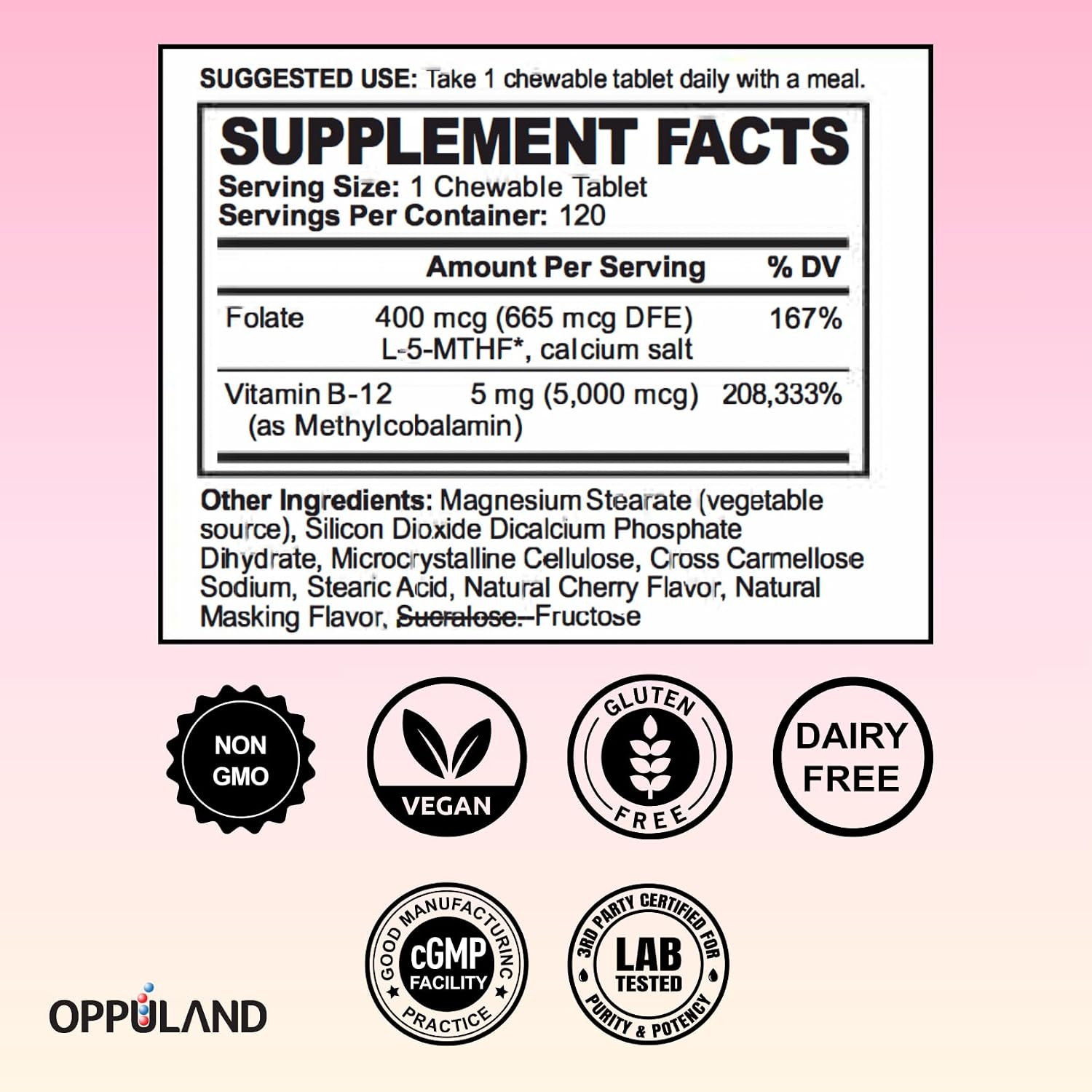 Oppuland Metilcobalamina B12 5000 mcg con Folato - Comprimidos Masticables Sabor Cereza - 120 Unidades