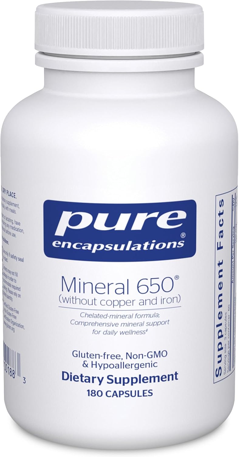 Pure Encapsulations Mineral 650 Sin Cobre y Sin Hierro | Combinación Hipoalergénica de Minerales Quelados en Equilibrio | 180 Cápsulas