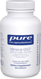 Pure Encapsulations Mineral 650 Sin Cobre y Sin Hierro | Combinación Hipoalergénica de Minerales Quelados en Equilibrio | 180 Cápsulas