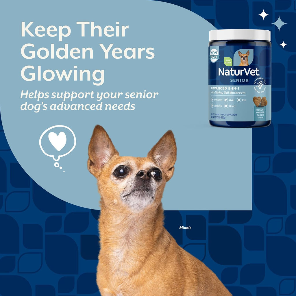 NaturVet Senior Advanced 5-in-1 Suplemento para Perros – Apoya Sistema Inmunitario, Corazón, Hígado, Función Cognitiva y Salud Ocular – 120 Masticables