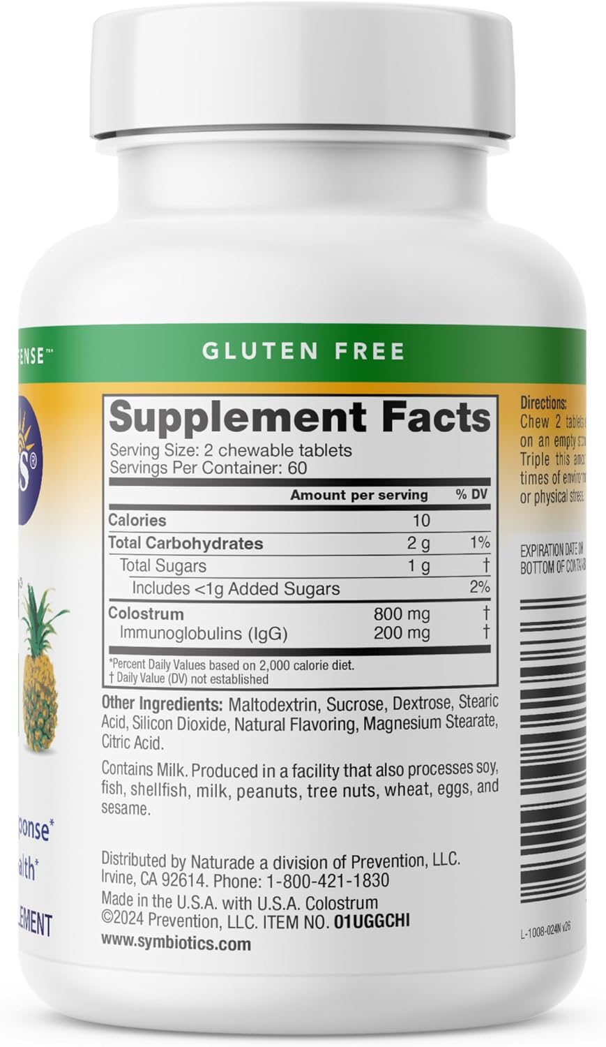 Symbiotics Naturade Calostro Masticable – Apoyo Inmunitario y Digestivo con Lactoferrina, Sin Gluten, Bajo en Azúcar (120 Comprimidos, Sabor Piña)