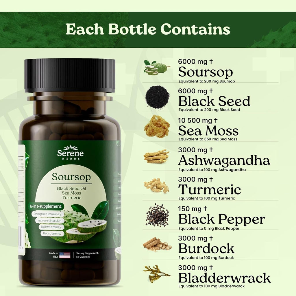 Serene Herbs 17-en-1 Cápsulas de Sea Moss con Irish Seamoss, Aceite de Semilla Negra, Ashwagandha, Cúrcuma y Bladderwrack - Apoyo Inmunológico, Energía y Digestión - Suplemento Herbal Natural - 60 Cápsulas