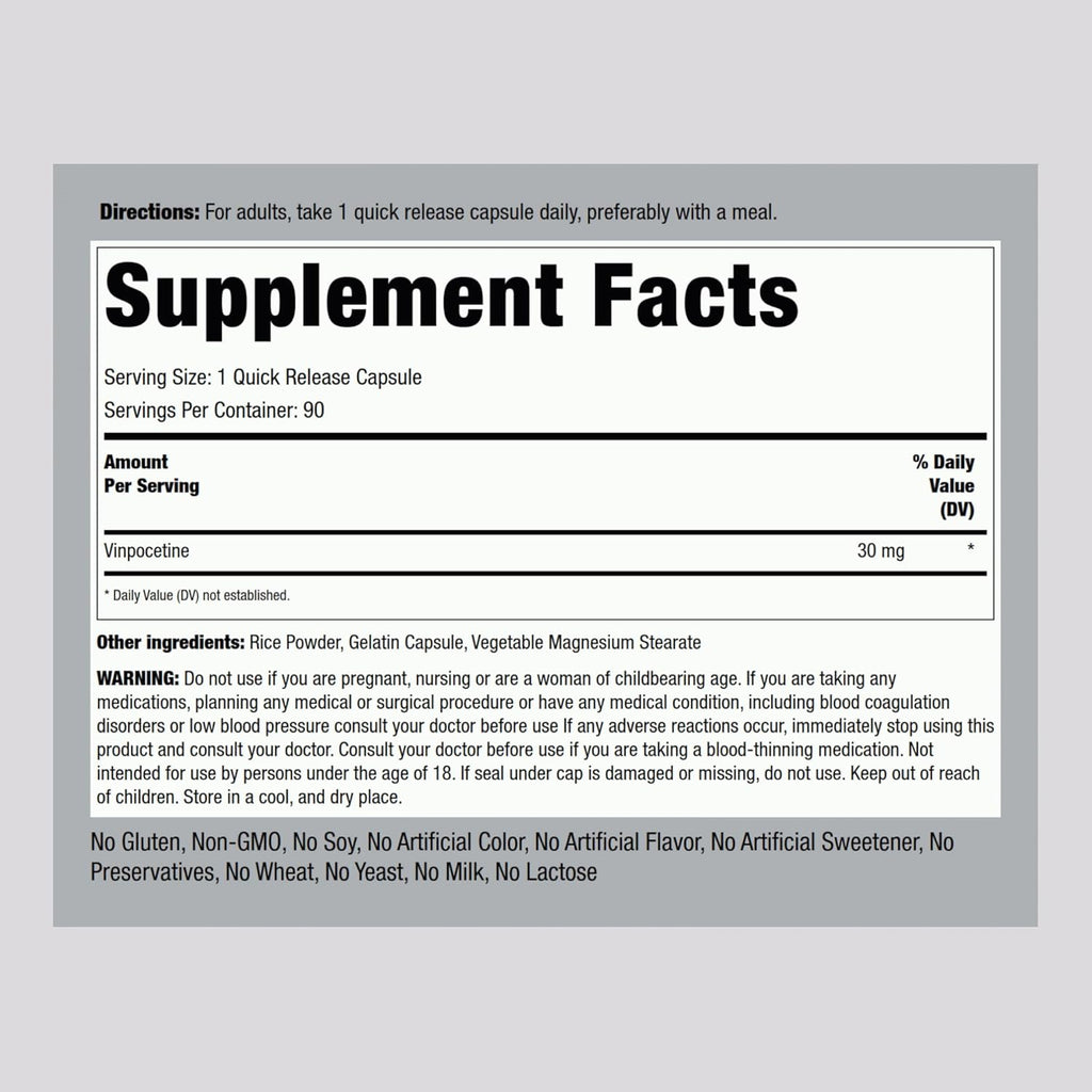 Piping Rock Vinpocetina 30 mg | 90 Cápsulas | Suplemento de Alta Potencia | No-GMO, Sin Gluten