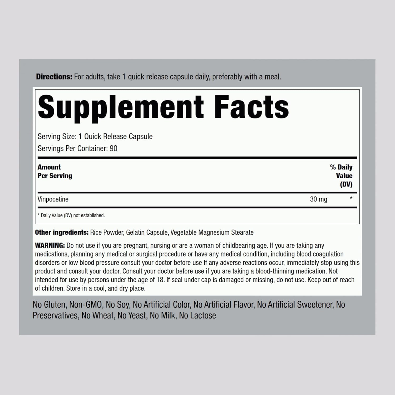 Piping Rock Vinpocetina 30 mg | 90 Cápsulas | Suplemento de Alta Potencia | No-GMO, Sin Gluten