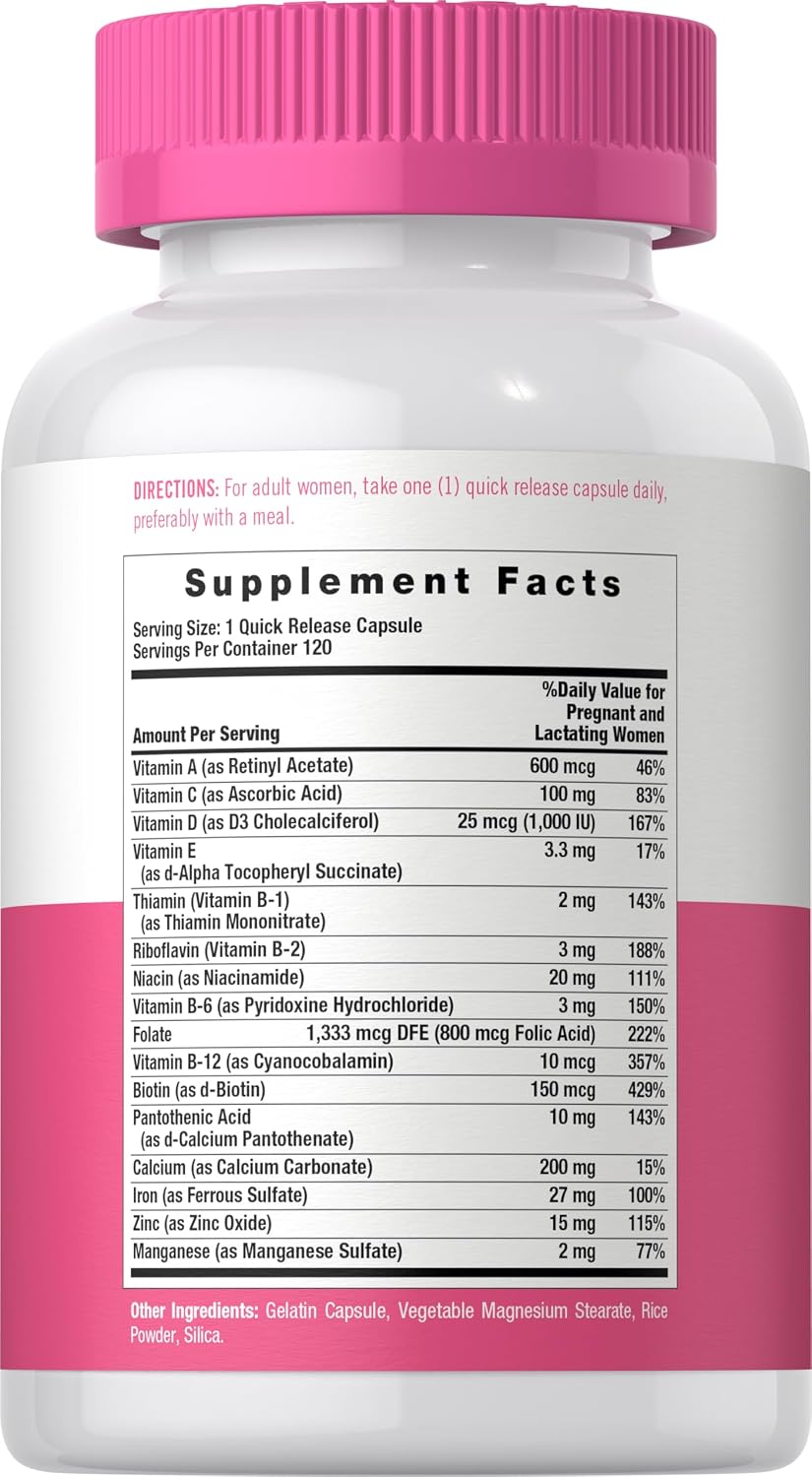 Carlyle Vitaminas Prenatales para Mujeres | 120 Cápsulas | Fórmula Multivitamínica y Mineral con Ácido Fólico | Sin Gluten y No Transgénico
