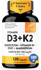 Sandhu's Vitamin D3 K2 Magnesium 5000 IU, 120mcg K2 Capsules 120 Count (Pack of 1) | con Vit B6, Zinc y Quercetina