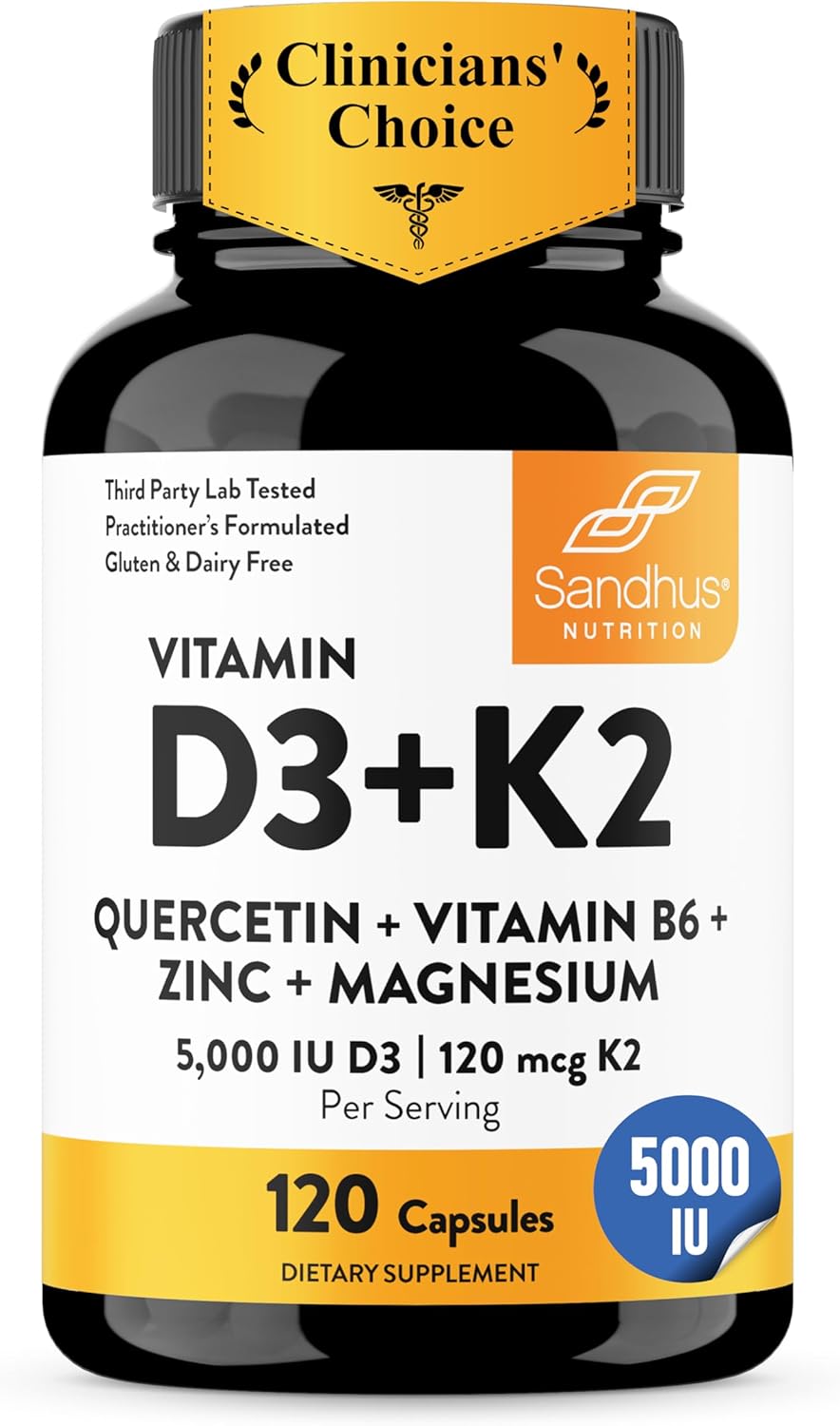 Sandhu's Vitamin D3 K2 Magnesium 5000 IU, 120mcg K2 Capsules 120 Count (Pack of 1) | con Vit B6, Zinc y Quercetina