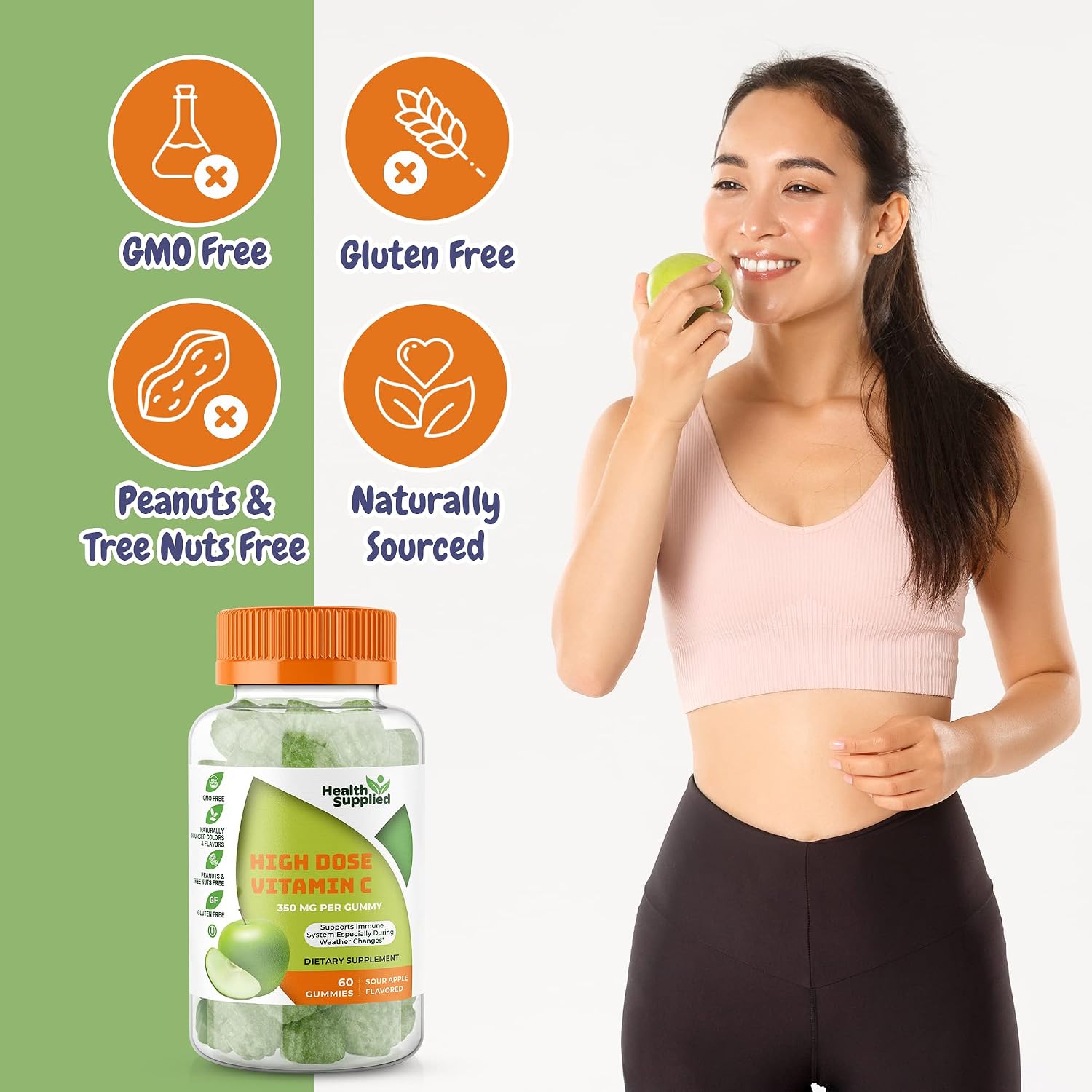 Health Supplied Vitamina C Gummies Mega Dosis 1050 mg Sabor Manzana Ácida (2 Envases)