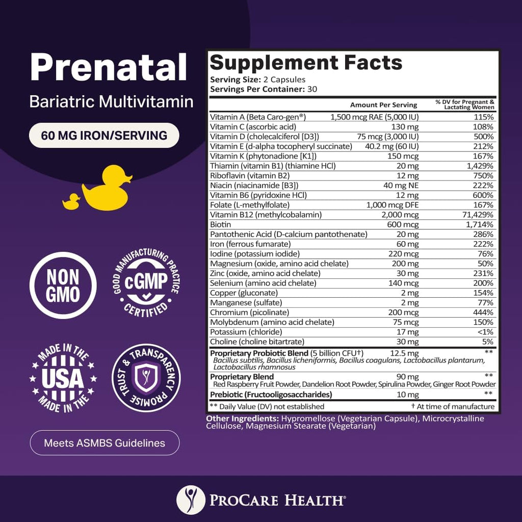 ProCare Health Vitaminas Prenatales Bariátricas con Hierro (60 Cápsulas)