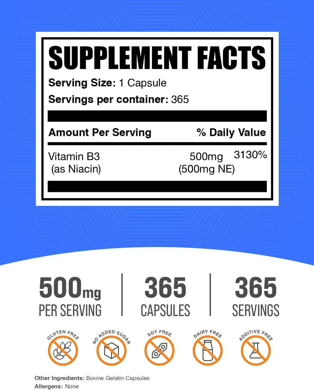 Niacina 500mg Cápsulas - Suplemento de Vitamina B3 (365 Cápsulas)