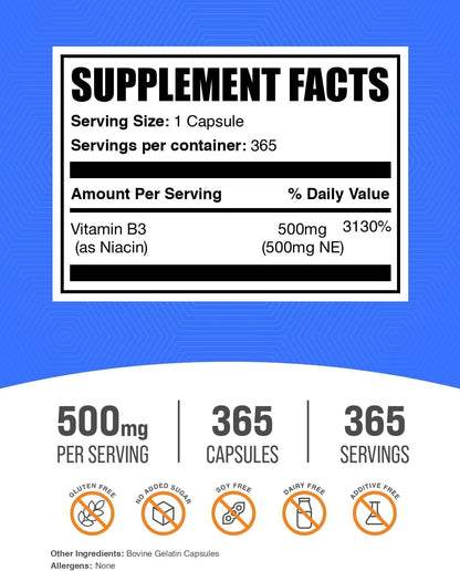 Niacina 500mg Cápsulas - Suplemento de Vitamina B3 (365 Cápsulas) – Image 2