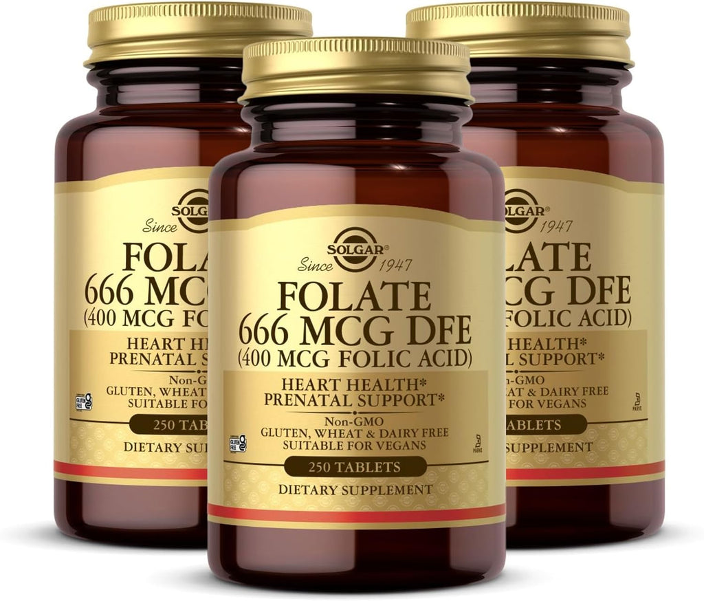 Solgar Folato 666 mcg DFE (Ácido Fólico 400 mcg) - 250 Comprimidos, Pack de 3 - Apoyo Prenatal