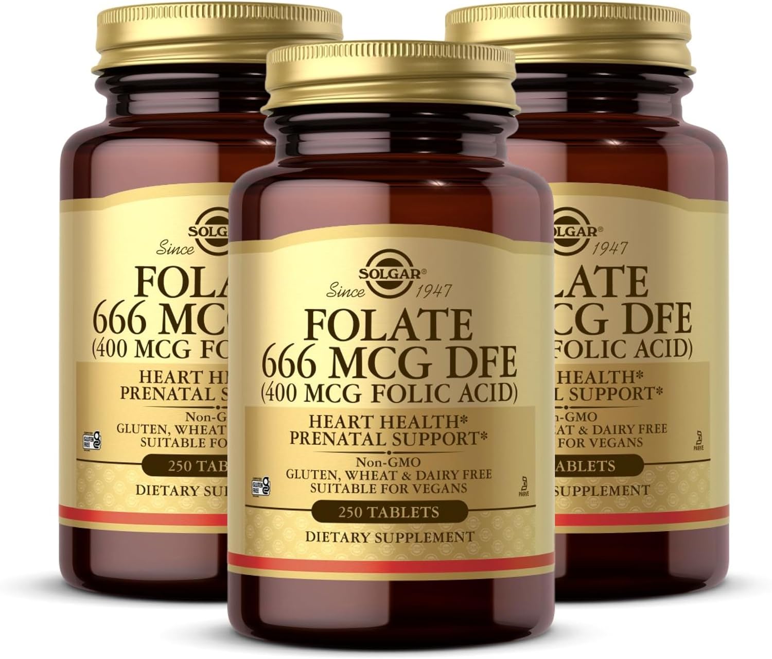 Solgar Folato 666 mcg DFE (Ácido Fólico 400 mcg) - 250 Comprimidos, Pack de 3 - Apoyo Prenatal