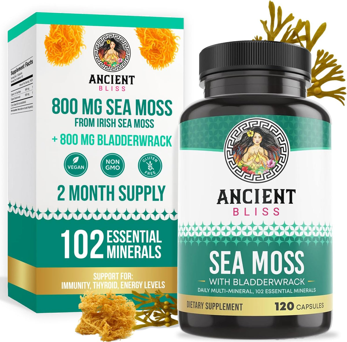 Ancient Bliss Organic Irish Sea Moss Pills - Dr Sebi Wildcrafted Seamoss Capsules | Thyroid, Healthy Skin & Gut Support | – Image 1
