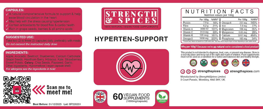 Strength & Spices Hypertensupport – 15 Ingredientes Naturales con Espino Blanco, Semillas de Uva y Bayas – 60 Cápsulas Veganas 1000mg