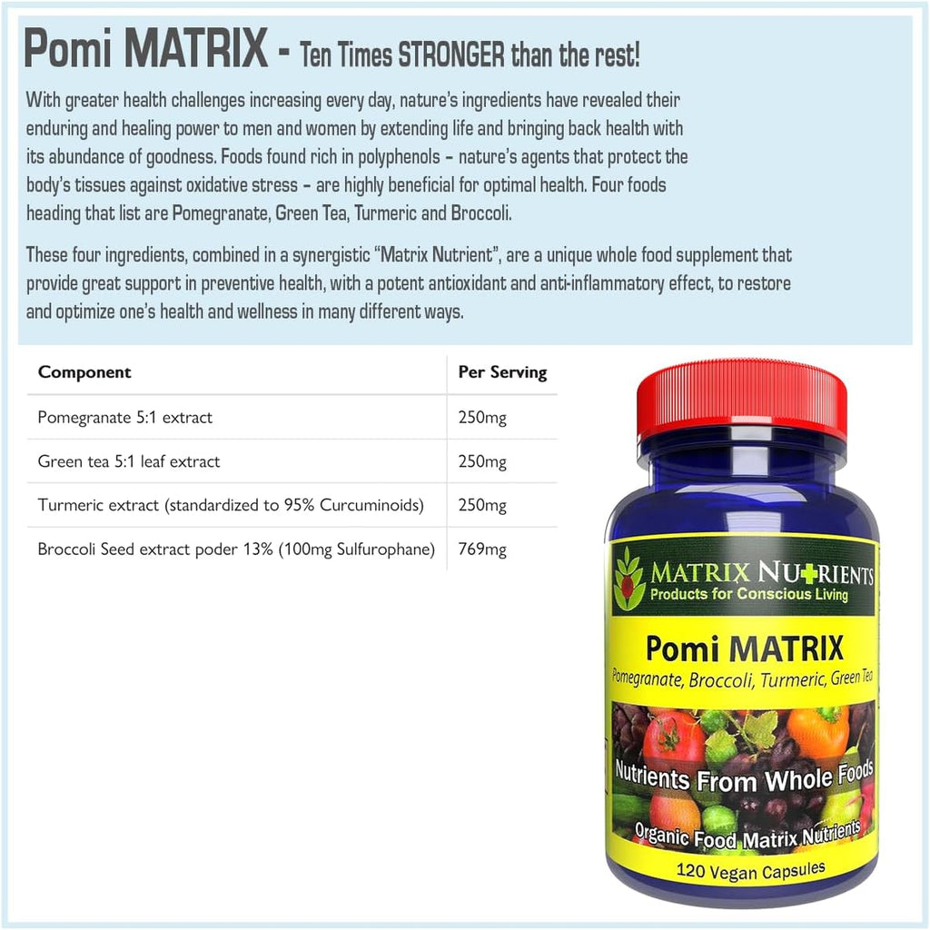 POMI Matrix - Fórmula Potenciada con Granada, Té Verde, Cúrcuma y Brócoli - 10 Veces Más Fuerte - Cápsulas Veganas