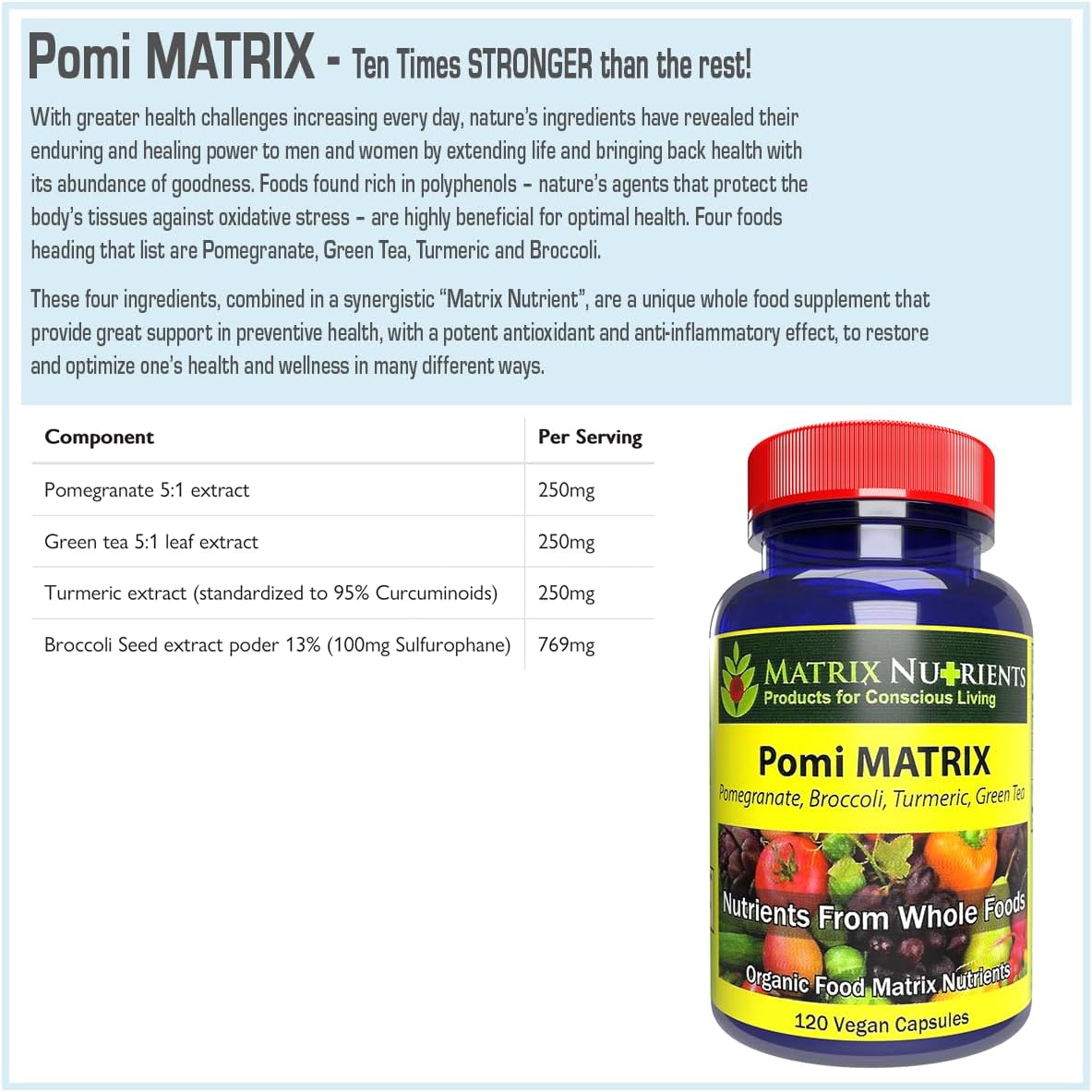 POMI Matrix - Fórmula Potenciada con Granada, Té Verde, Cúrcuma y Brócoli - 10 Veces Más Fuerte - Cápsulas Veganas