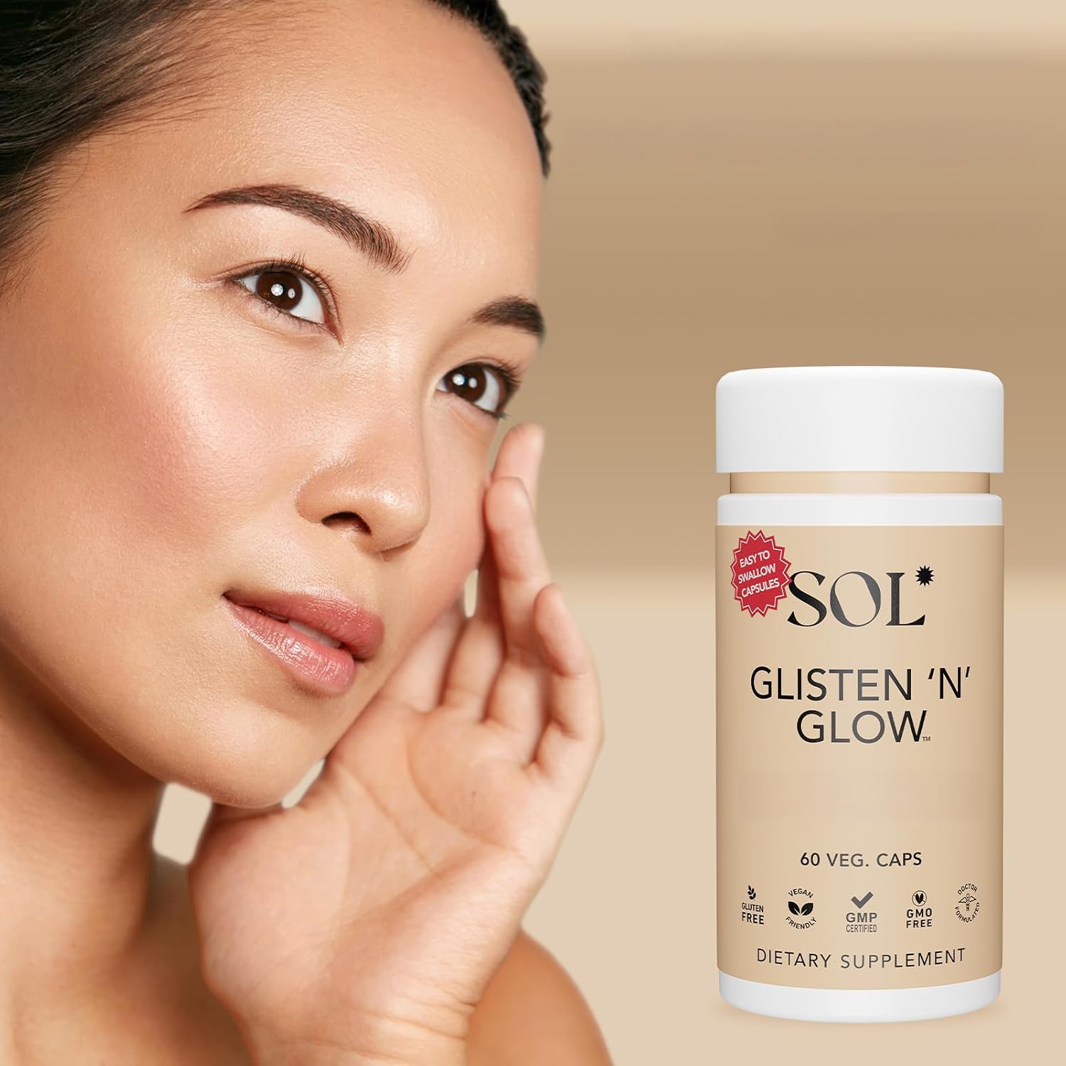 Sol Nutrition Glisten 'N' Glow: Suplemento de Vitaminas para la Piel con Biotina, Colágeno, Vitaminas A, B, C y E, 60 Cápsulas