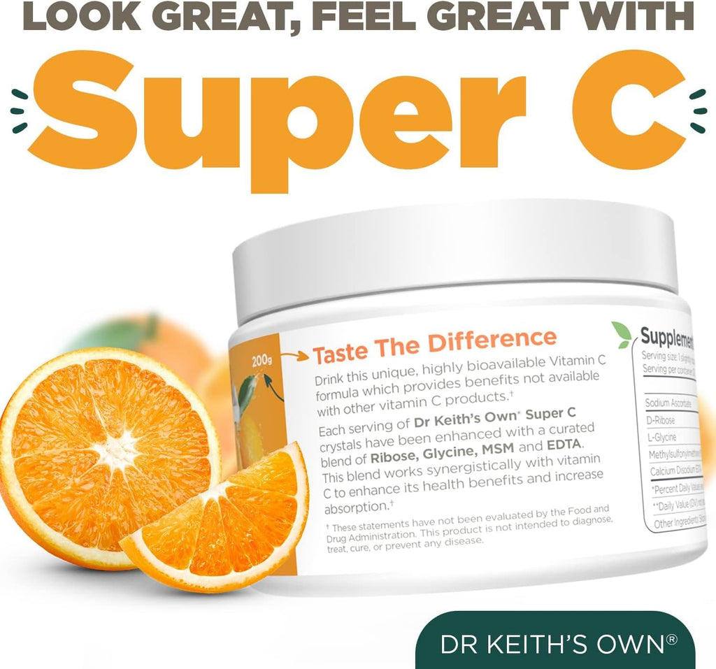 Dr. Keith's Own Super C - Vitamina C en polvo tamponada de alta dosis 4000 mg con D-ribosa, glicina y MSM - Fácil de absorber, suave para el estómago - Sin sabor, 200 g cada uno (paquete de 3)