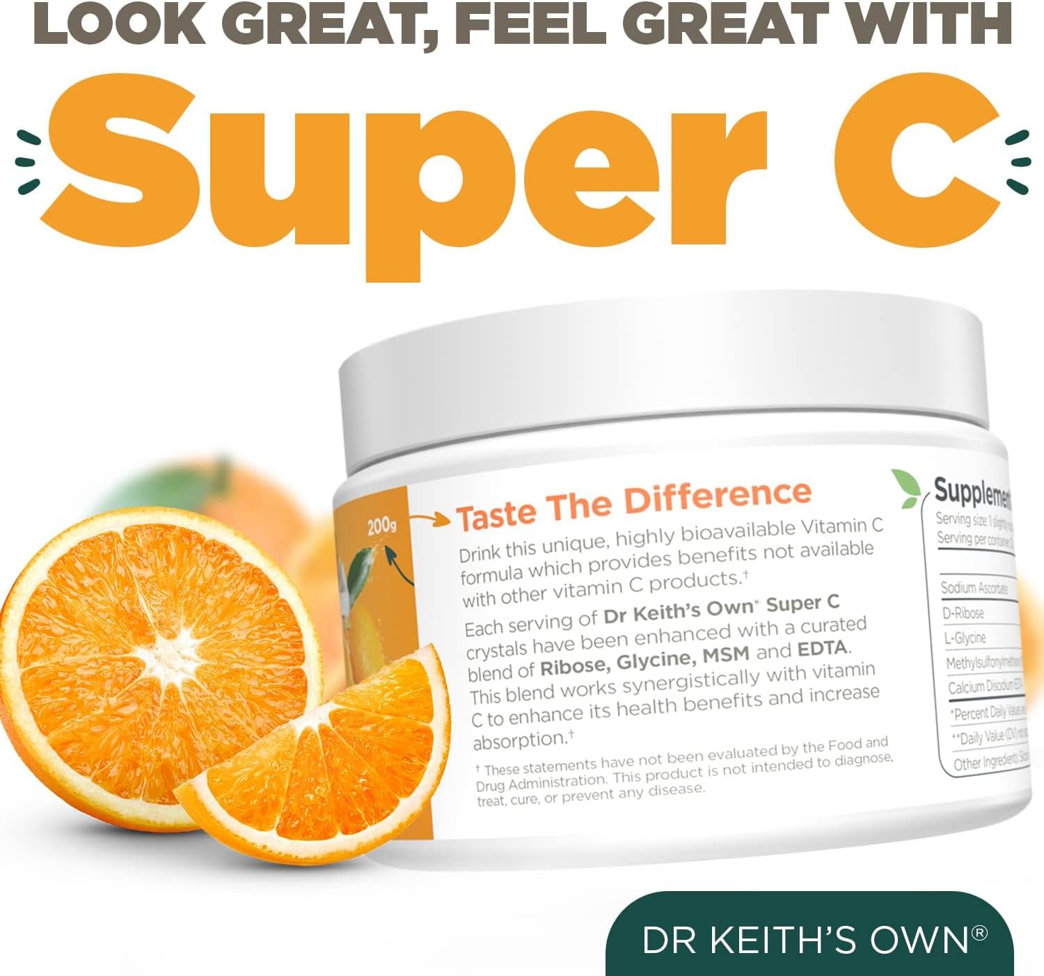 Dr. Keith's Own Super C - Vitamina C en polvo tamponada de alta dosis 4000 mg con D-ribosa, glicina y MSM - Fácil de absorber, suave para el estómago - Sin sabor, 200 g cada uno (paquete de 3)
